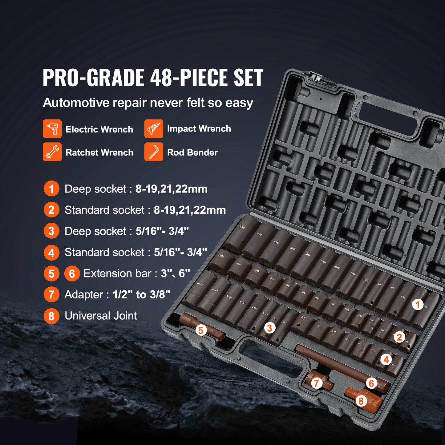 VEVOR Rive Impact Socket Set, 48 Piece Socket Set SAE & Metric 8-22mm 6 Point Cr-V Drive Extension Bar Universal Joint & Power Drill Adapter Includes Storage Case