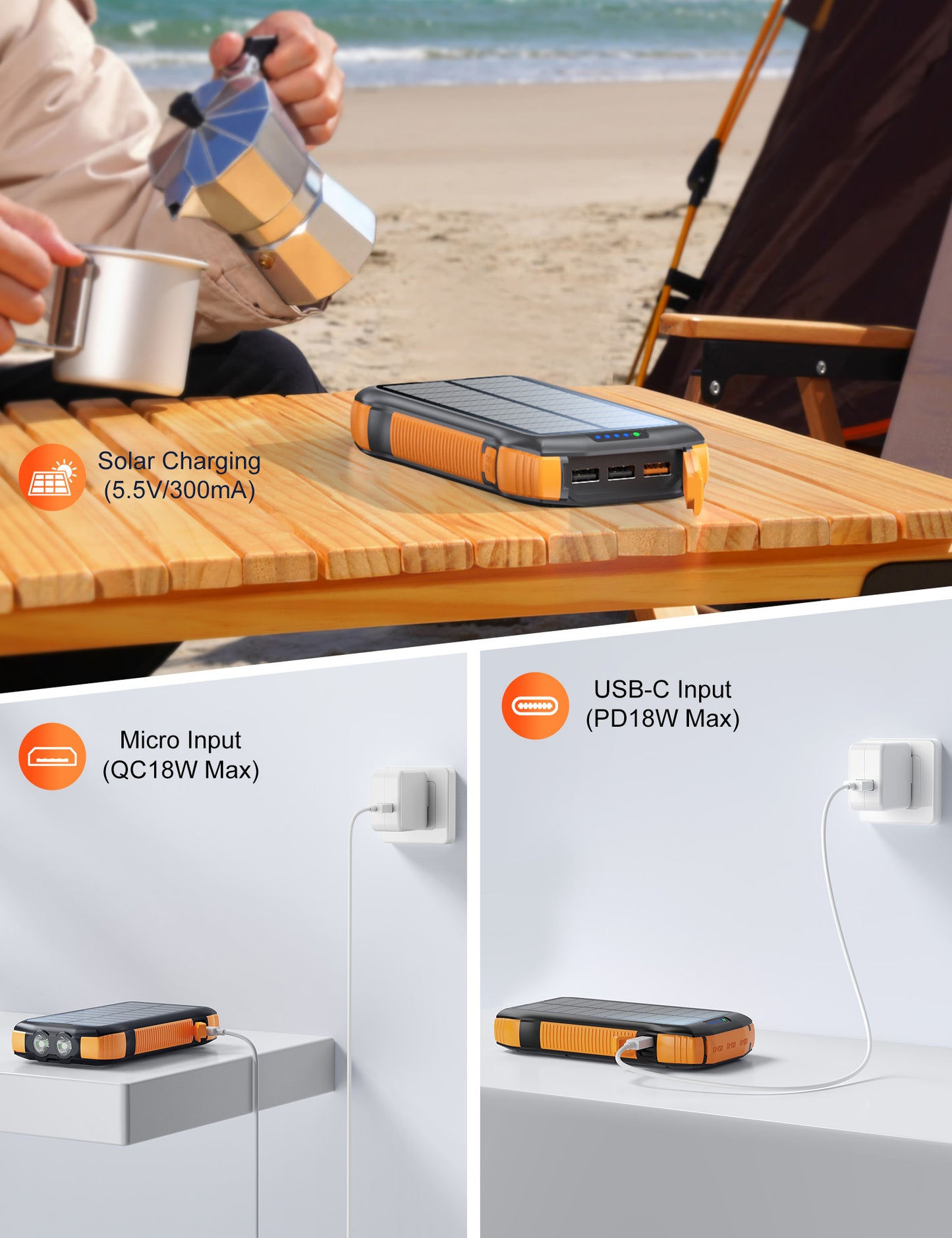 20000mAh Solar Powered High Battery Bank/Charger/Flashlight Combo