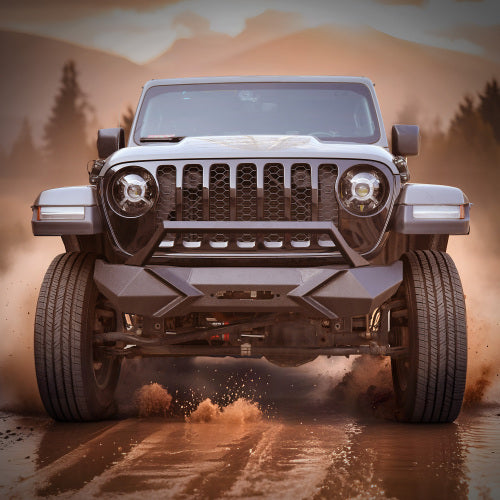 X Style Front Bumper With Winch Plate Compatible With Wrangler JK 2007-2018 JL 2018- Heavy Duty Black Textured Manganese Steel Construction, Perfect For On And Off-Road