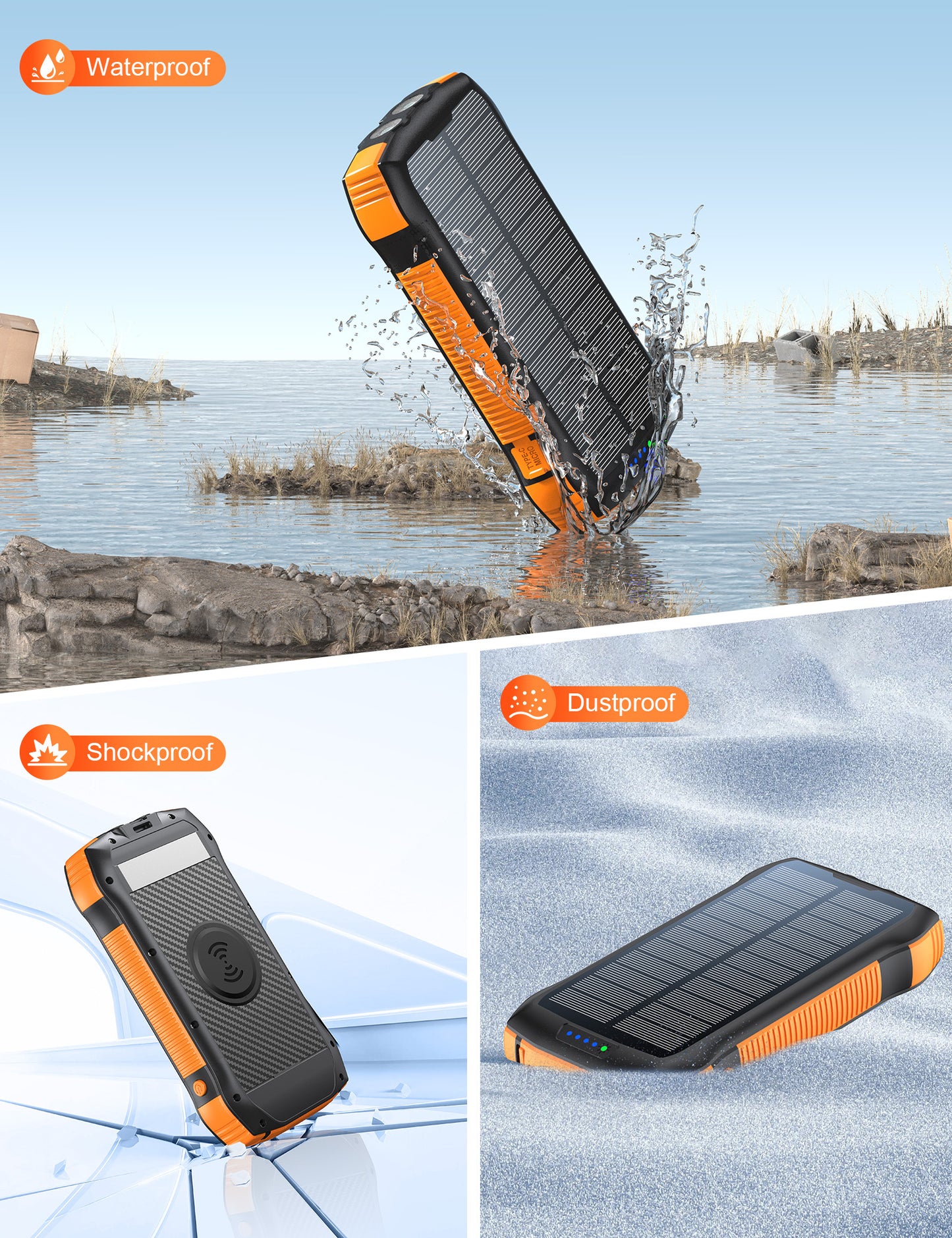 20000mAh Solar Powered High Battery Bank/Charger/Flashlight Combo