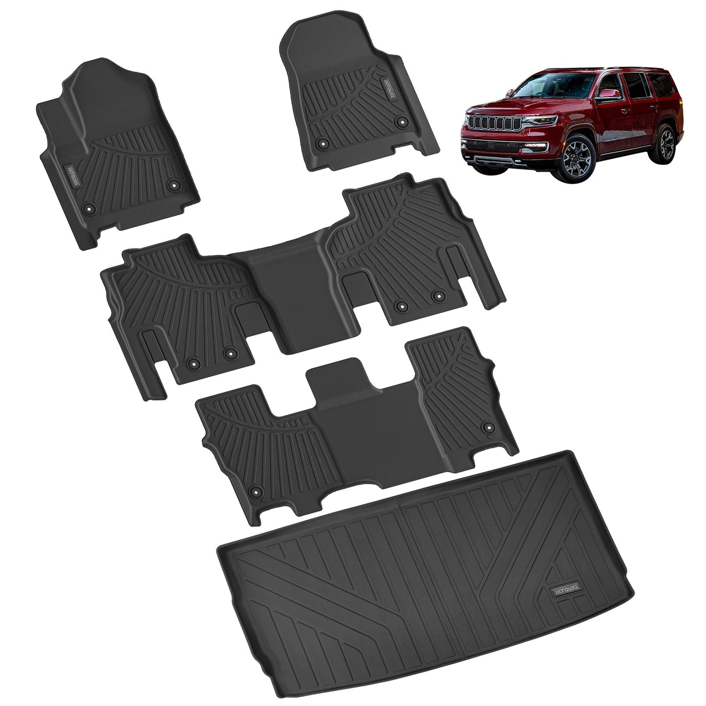 Floor Mats & Cargo Liners Compatible For -Jeep- Wagoneer 2022-2024-8 Seats. All Weather 3 Rows Anti-Slip TPE Mat-Black