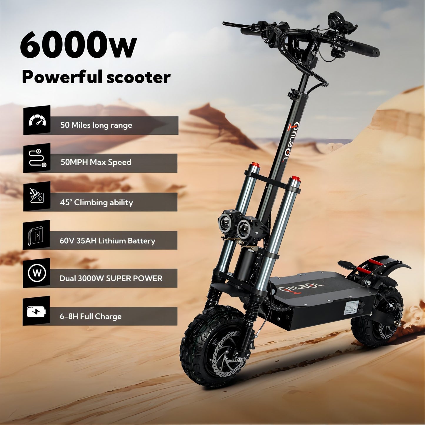 Electric Scooter With Seat, 6000W Power Dual Motor, Top Speed 50MPH, 60V 35Ah Battery 50 Miles Range, 11 Inch Off-Road Tires For Street Commuting And Limit Offroad