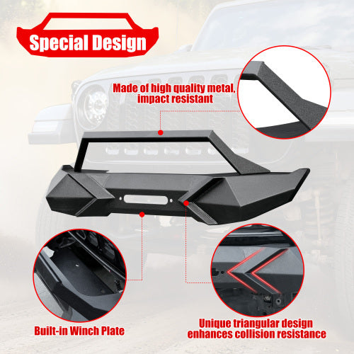 X Style Front Bumper With Winch Plate Compatible With Wrangler JK 2007-2018 JL 2018- Heavy Duty Black Textured Manganese Steel Construction, Perfect For On And Off-Road