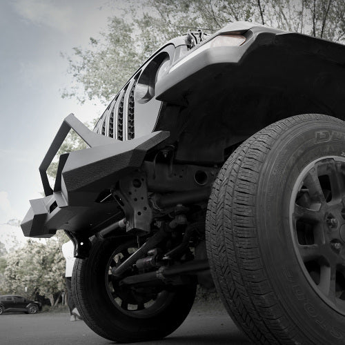 X Style Front Bumper With Winch Plate Compatible With Wrangler JK 2007-2018 JL 2018- Heavy Duty Black Textured Manganese Steel Construction, Perfect For On And Off-Road