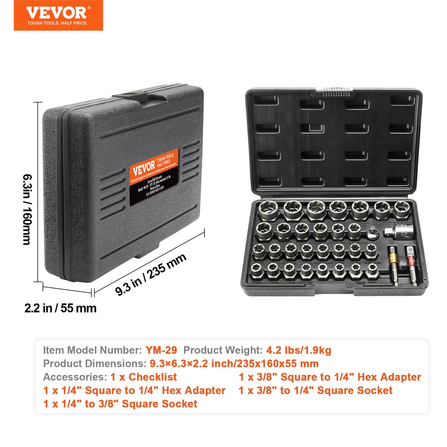 VEVOR Bolt Extractor Set, 29-Piece Bolt And Nut Remover Set, 6mm To 10mm, , CR-MO Steel Extraction Socket Set With Storage Case, For Removing Damaged Rusted Bolts, Nuts And Screws
