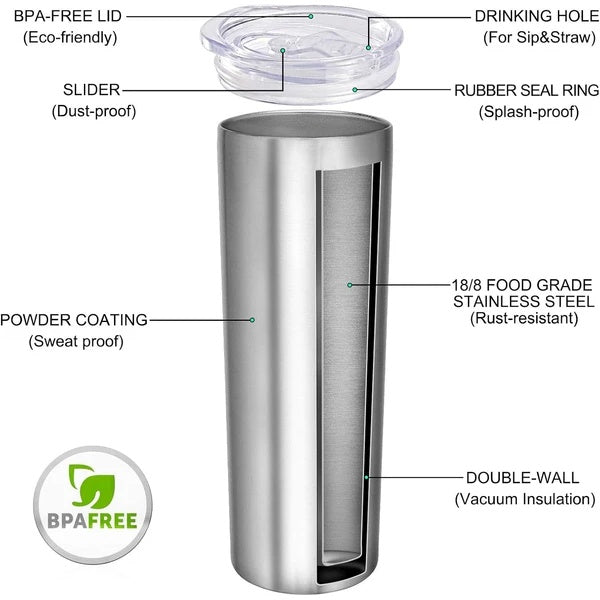 Stainless Steel Skinny Tumbler, 20 Oz Vacuum Insulated Tumbler With Lid And Straw, Double Wall Coffee Cup, Travel Mug For Cold Hot Drinks, Stainless Steel 1 Pack