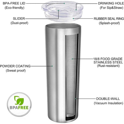 Stainless Steel Skinny Tumbler, 20 Oz Vacuum Insulated Tumbler With Lid And Straw, Double Wall Coffee Cup, Travel Mug For Cold Hot Drinks, Stainless Steel 1 Pack