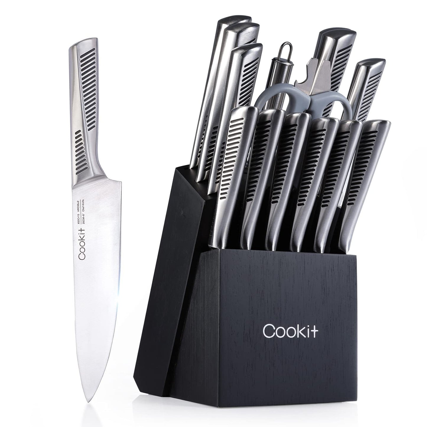 15 Piece Knife Sets with Block, Chef Knives with Non-Slip German Stainless Steel Hollow Handle Cutlery Set with Multifunctional Scissors Knife Sharpener