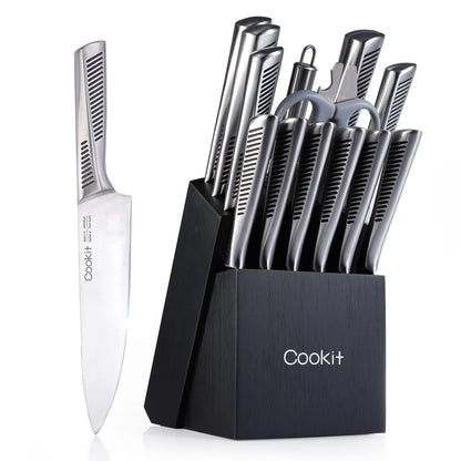 15 Piece Knife Sets with Block, Chef Knives with Non-Slip German Stainless Steel Hollow Handle Cutlery Set with Multifunctional Scissors Knife Sharpener