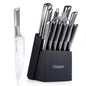 15 Piece Knife Sets with Block, Chef Knives with Non-Slip German Stainless Steel Hollow Handle Cutlery Set with Multifunctional Scissors Knife Sharpener