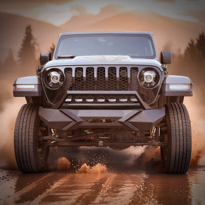 X Style Front Bumper With Winch Plate Compatible With Wrangler JK 2007-2018 JL 2018- Heavy Duty Black Textured Manganese Steel Construction, Perfect For On And Off-Road