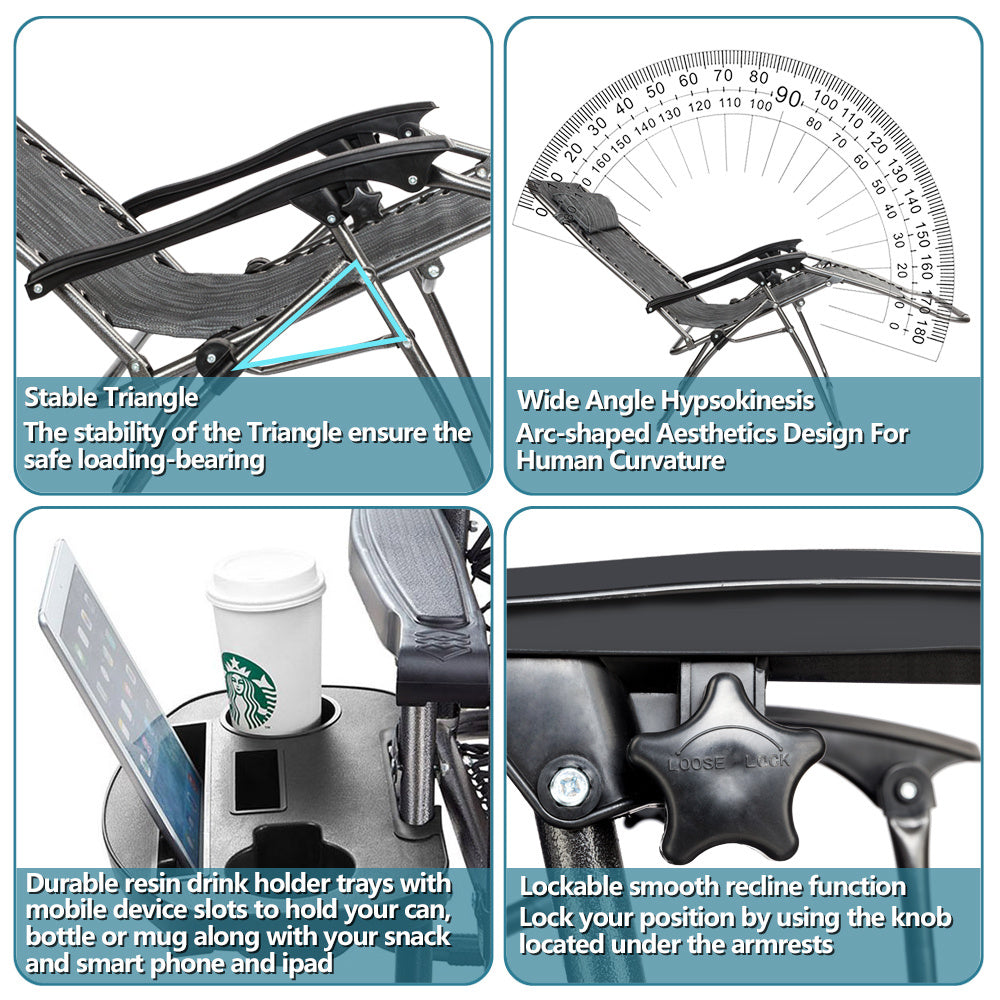 2pcs , Adjustable Folding Lounger With Pillow And Practical Tray For Deck, Terrace, Beach, Patio, Grey