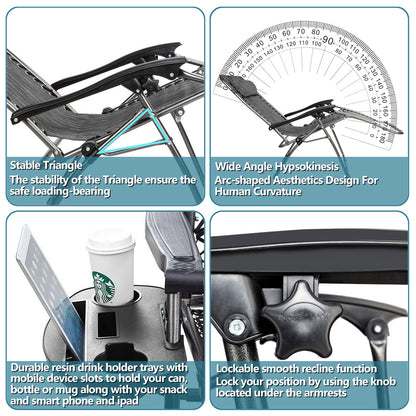 2pcs , Adjustable Folding Lounger With Pillow And Practical Tray For Deck, Terrace, Beach, Patio, Grey