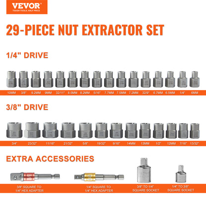 VEVOR Bolt Extractor Set, 29-Piece Bolt And Nut Remover Set, 6mm To 10mm, , CR-MO Steel Extraction Socket Set With Storage Case, For Removing Damaged Rusted Bolts, Nuts And Screws
