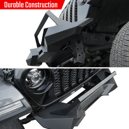 X Style Front Bumper With Winch Plate Compatible With Wrangler JK 2007-2018 JL 2018- Heavy Duty Black Textured Manganese Steel Construction, Perfect For On And Off-Road