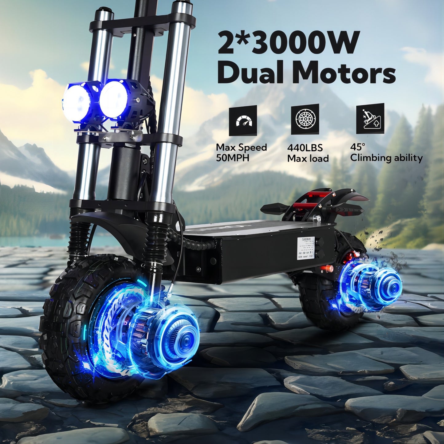 Electric Scooter With Seat, 6000W Power Dual Motor, Top Speed 50MPH, 60V 35Ah Battery 50 Miles Range, 11 Inch Off-Road Tires For Street Commuting And Limit Offroad