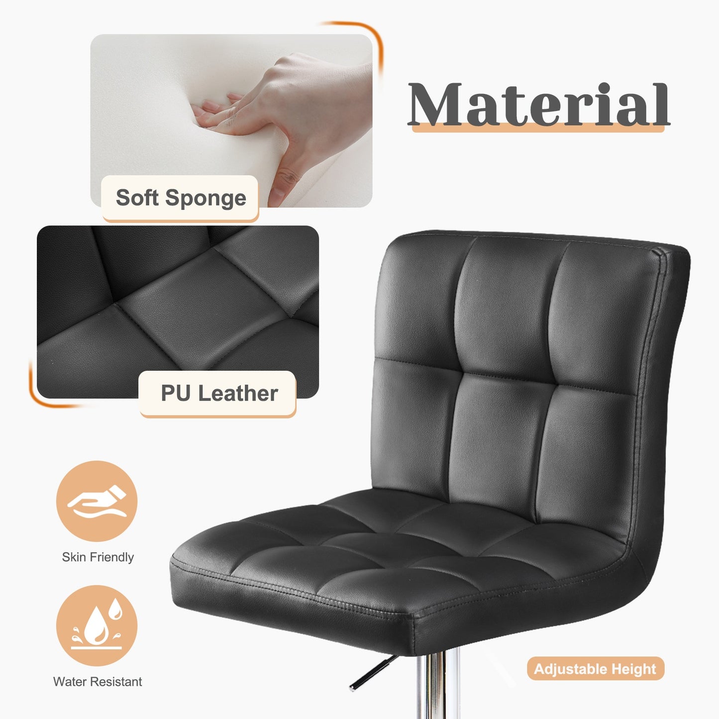 Bar Stools Set Of 4, Counter Height Barstools,Square Seat Cushion Barstool With Back, Height Adjustable PU Leather Swivel Barstool ,White