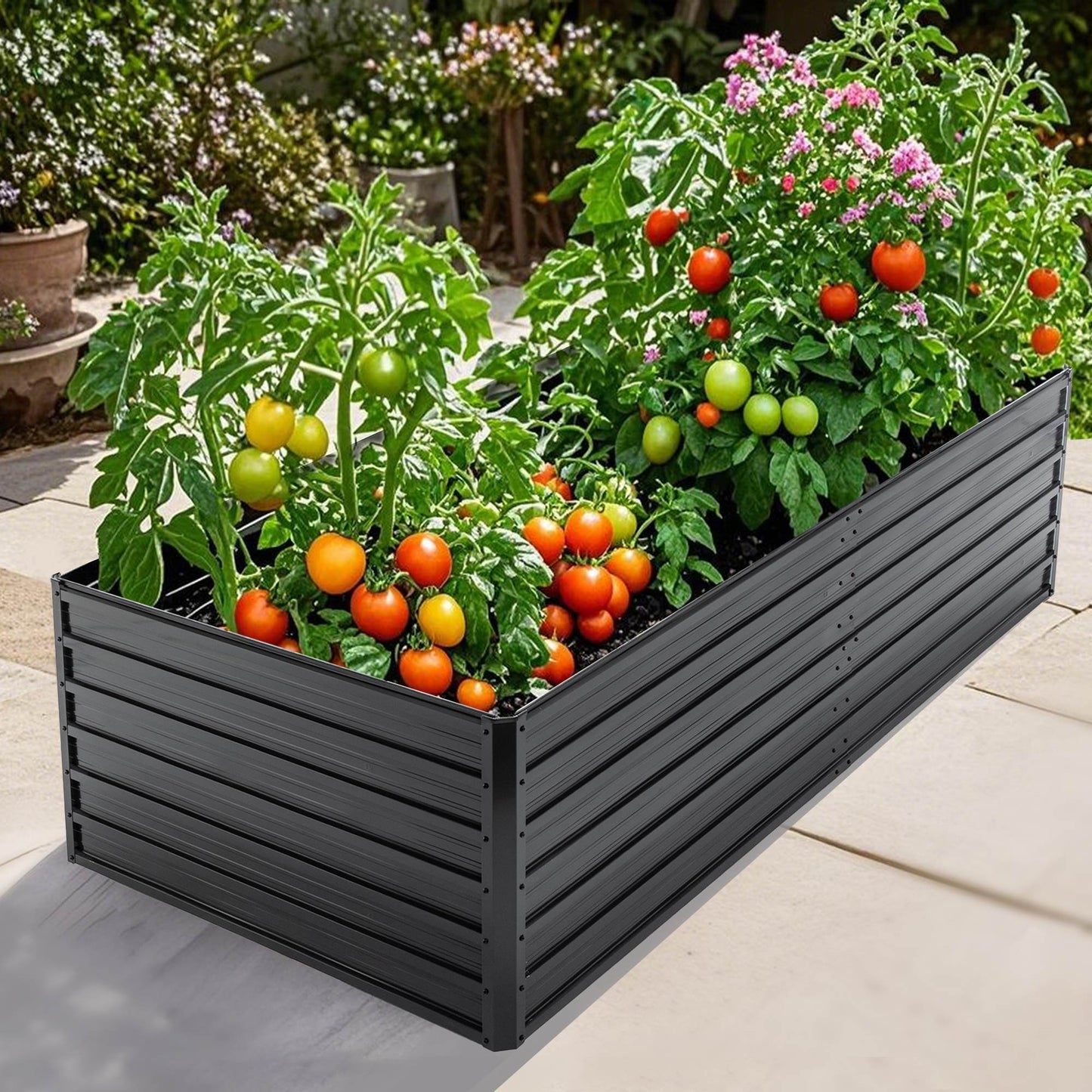Outdoor Galvanized Raised Garden Bed Kit, Black Rectangle Planter For Vegetables, Fruits, And Herbs