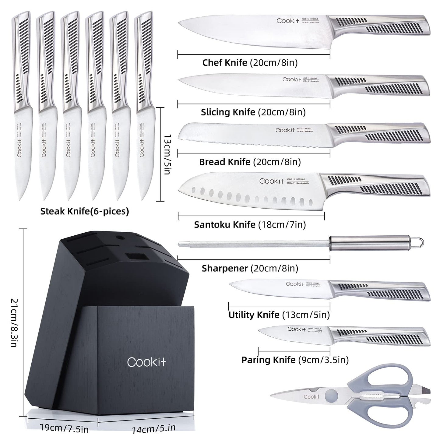 15 Piece Knife Sets with Block, Chef Knives with Non-Slip German Stainless Steel Hollow Handle Cutlery Set with Multifunctional Scissors Knife Sharpener