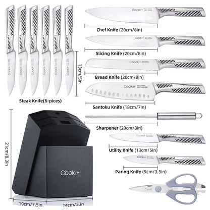 15 Piece Knife Sets with Block, Chef Knives with Non-Slip German Stainless Steel Hollow Handle Cutlery Set with Multifunctional Scissors Knife Sharpener