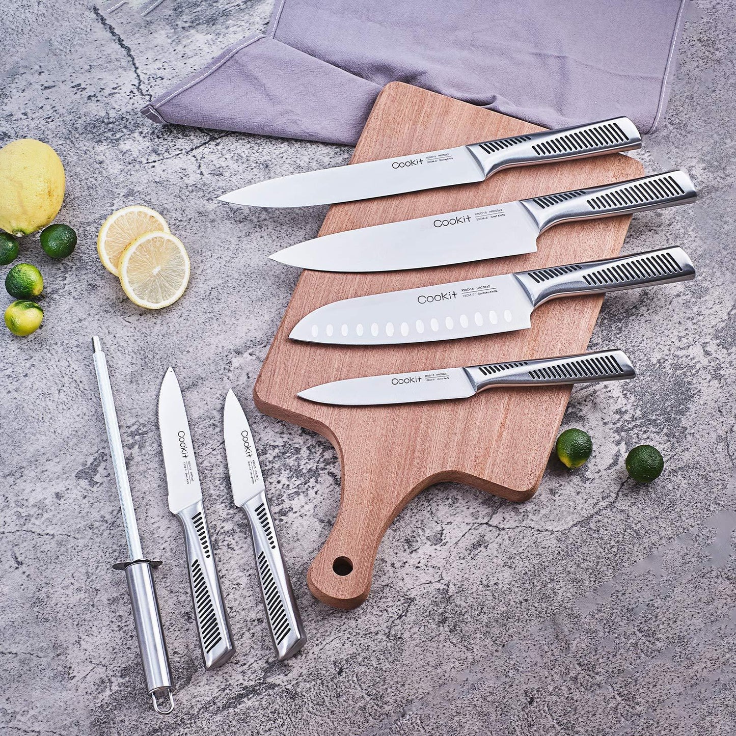 15 Piece Knife Sets with Block, Chef Knives with Non-Slip German Stainless Steel Hollow Handle Cutlery Set with Multifunctional Scissors Knife Sharpener
