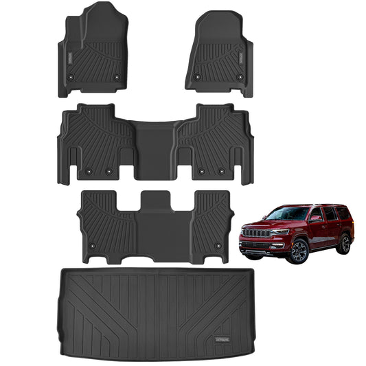Floor Mats & Cargo Liners Compatible For -Jeep- Wagoneer 2022-2024-8 Seats. All Weather 3 Rows Anti-Slip TPE Mat-Black