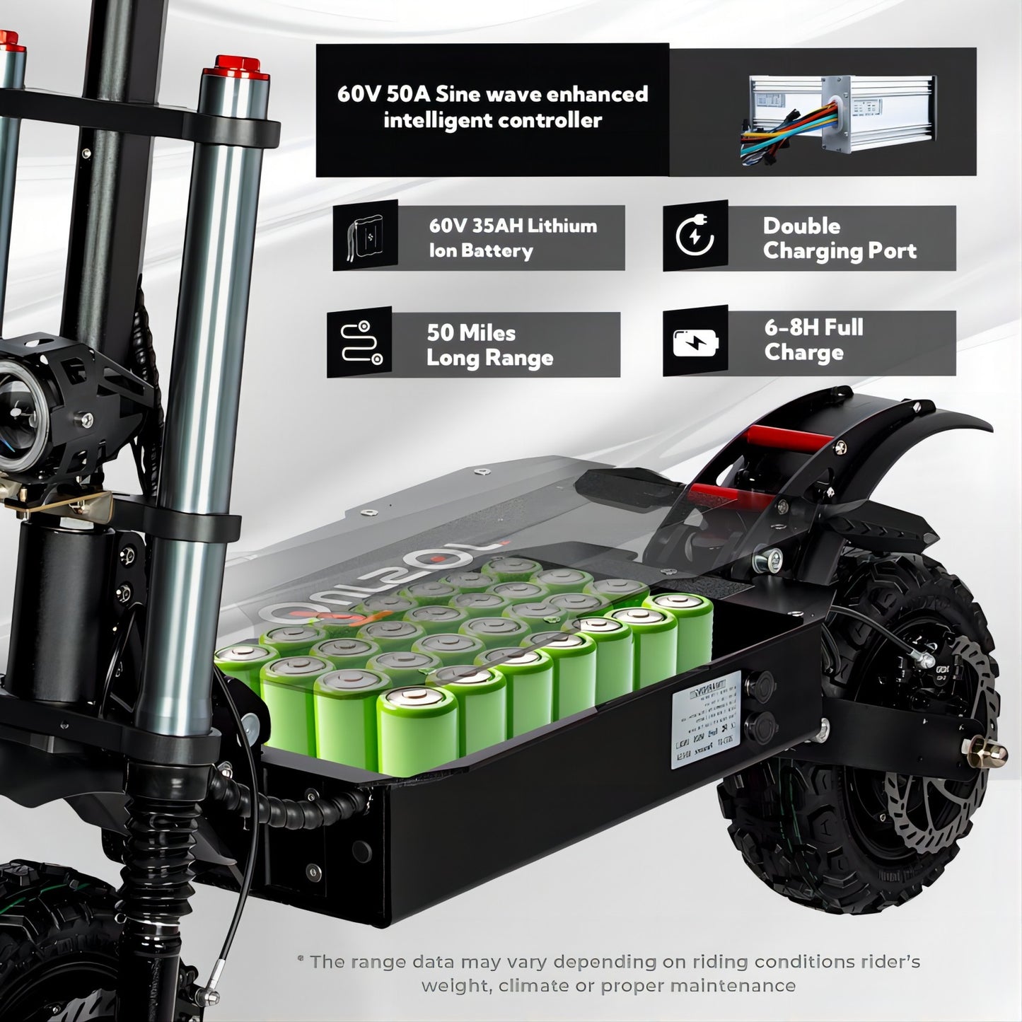 Electric Scooter With Seat, 6000W Power Dual Motor, Top Speed 50MPH, 60V 35Ah Battery 50 Miles Range, 11 Inch Off-Road Tires For Street Commuting And Limit Offroad