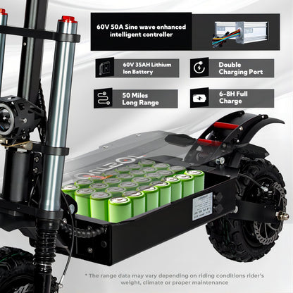 Electric Scooter With Seat, 6000W Power Dual Motor, Top Speed 50MPH, 60V 35Ah Battery 50 Miles Range, 11 Inch Off-Road Tires For Street Commuting And Limit Offroad
